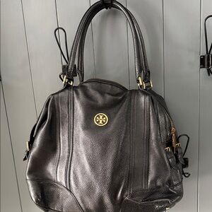Tory Burch Black Leather Double-Handle Satchel with Gold Logo